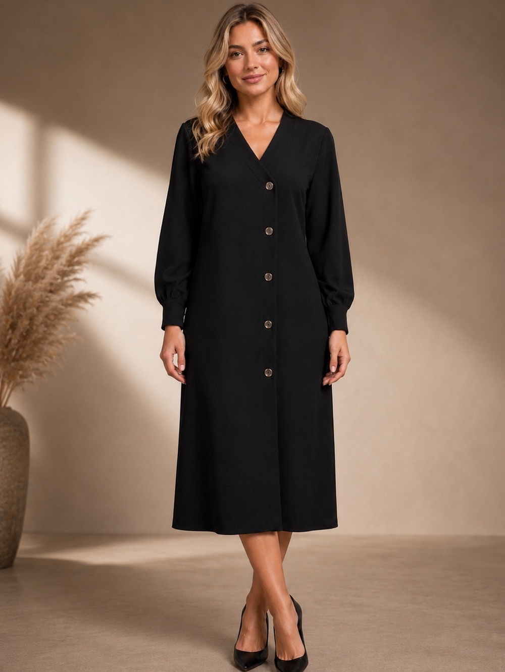 Aleeza Paris Button-Front Black V-Neck Midi knit Dress